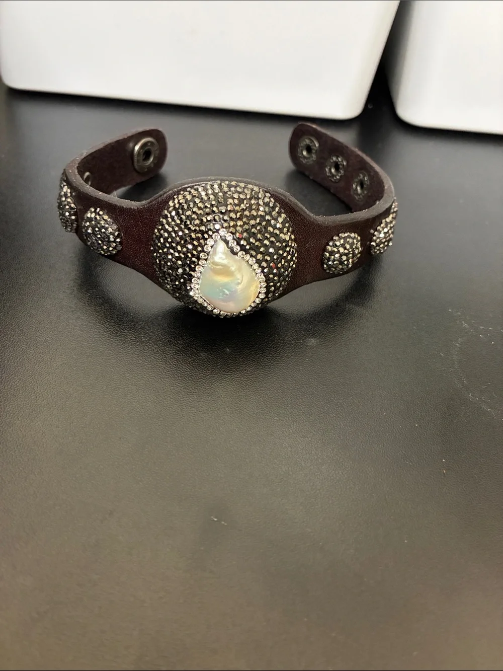 Leather Cuff with Mabe Pearl and Crystals